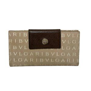BVLGARI Logo Mania 22248 Beige Dark Brown Jacquard Leather - Long Wallet
